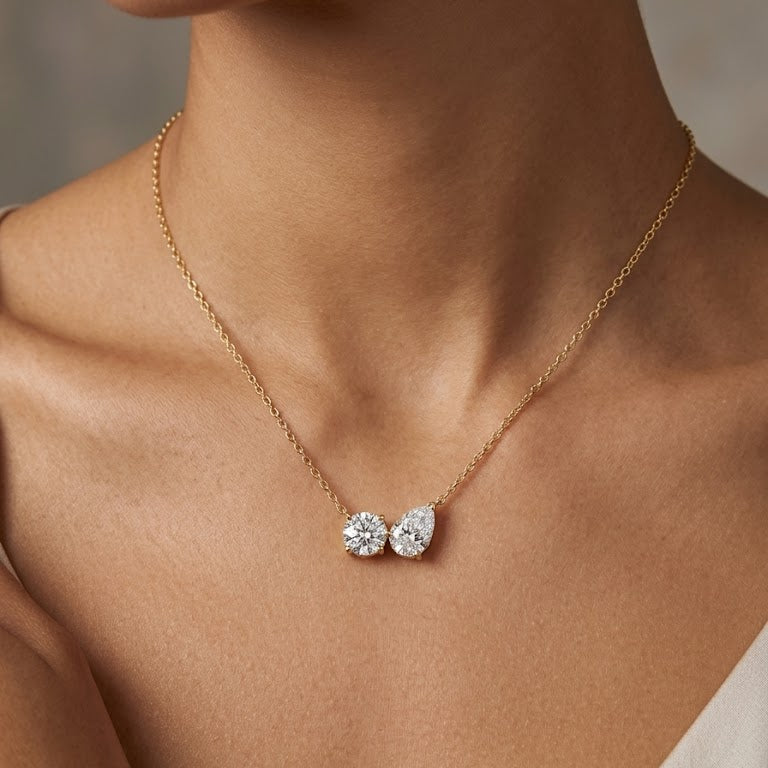 Gold Round & Pear Cut Diamond Pendant Necklace