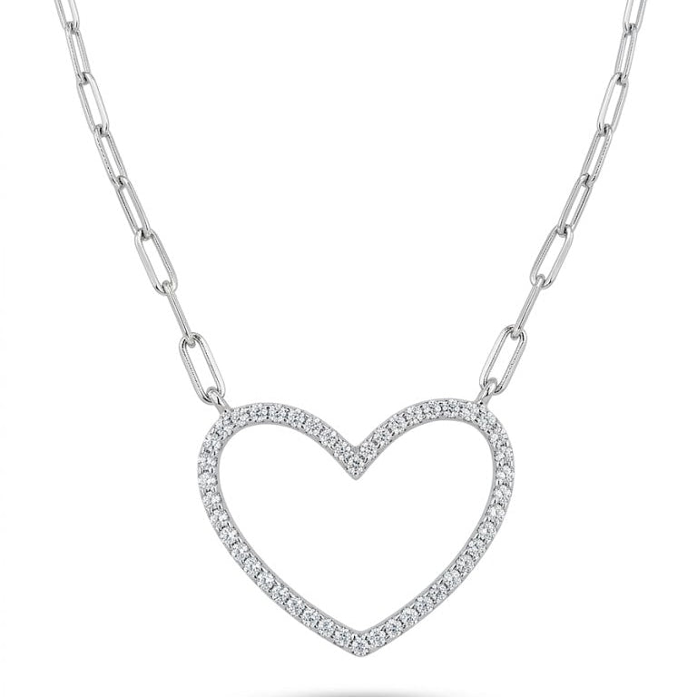 Sterling Silver Pavé Open Heart Paperclip Necklace