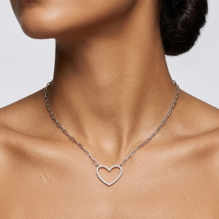 Sterling Silver Pavé Open Heart Paperclip Necklace