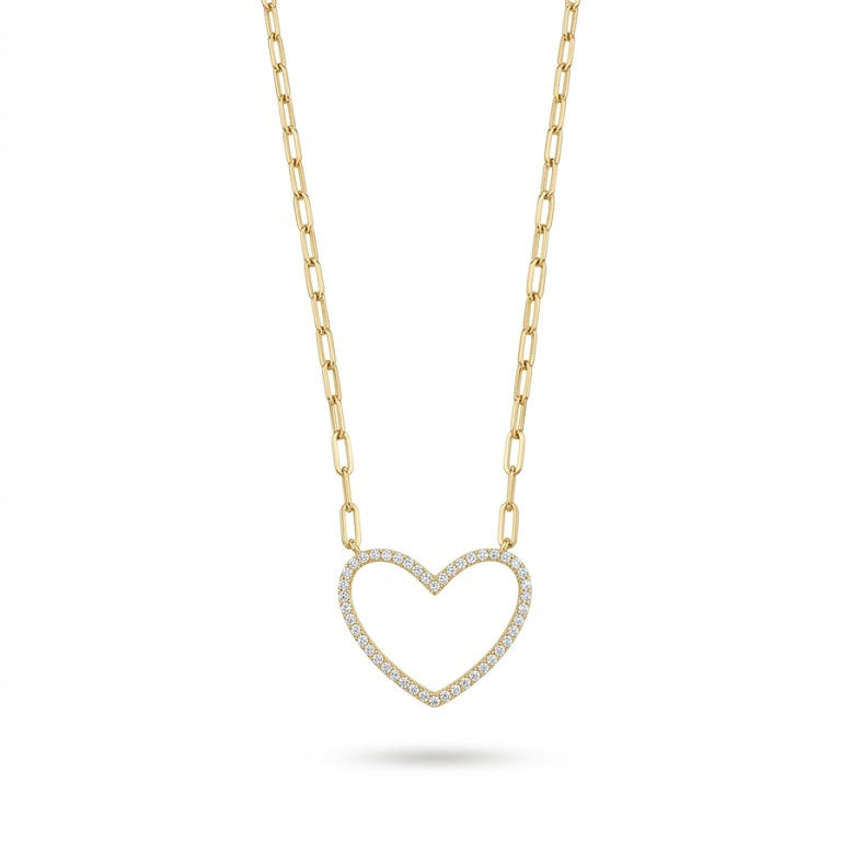 Gold Pavé Open Heart Paperclip Necklace