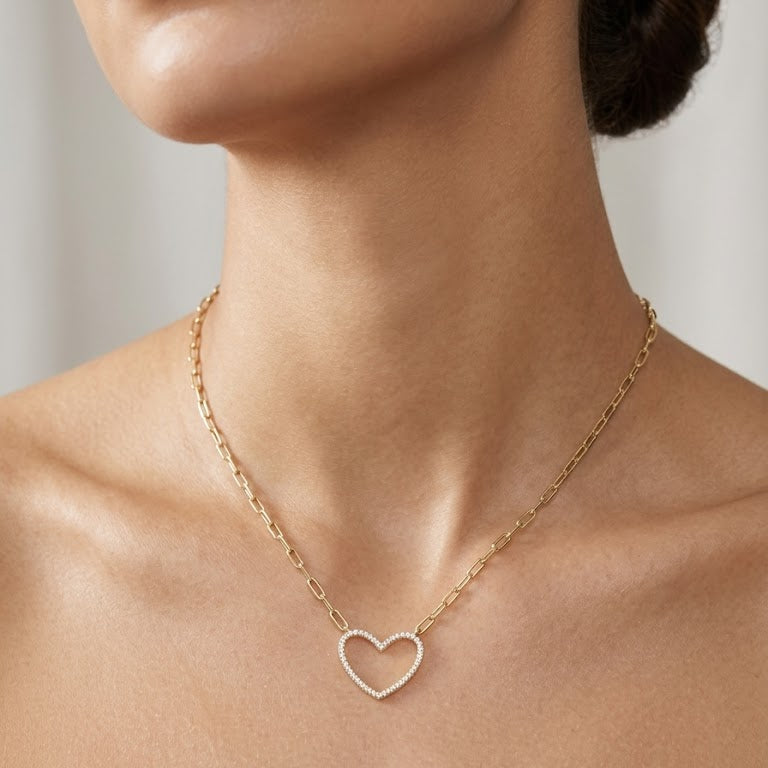 Gold Pavé Open Heart Paperclip Necklace