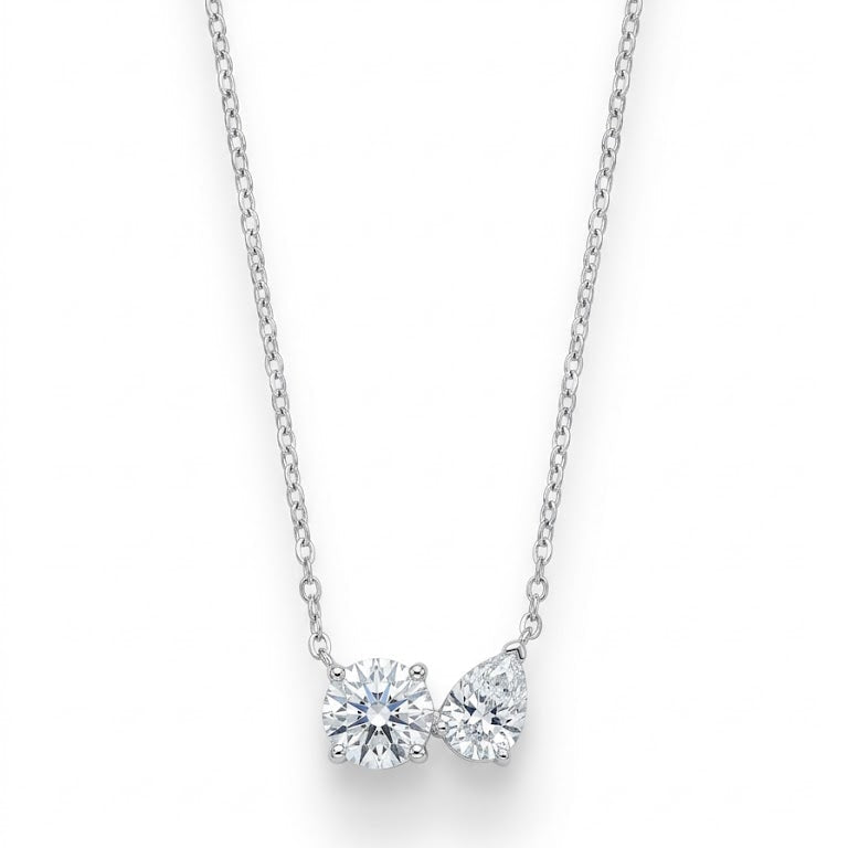 Sterling Silver Round & Pear Cut Diamond Pendant Necklace