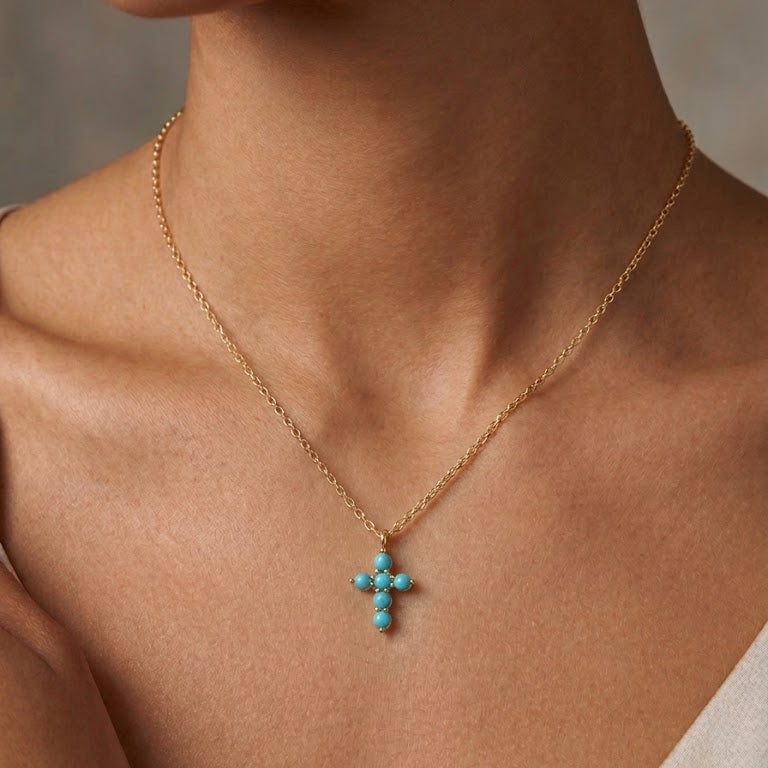 Gold Turquoise Cross Pendant Necklace