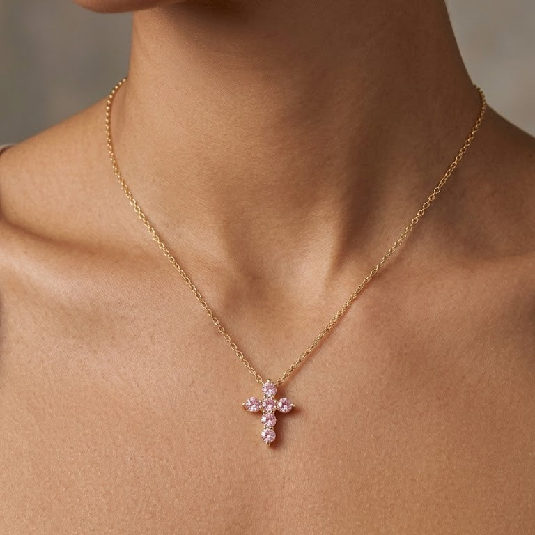 Pink Beaded Cross Pendant Necklace